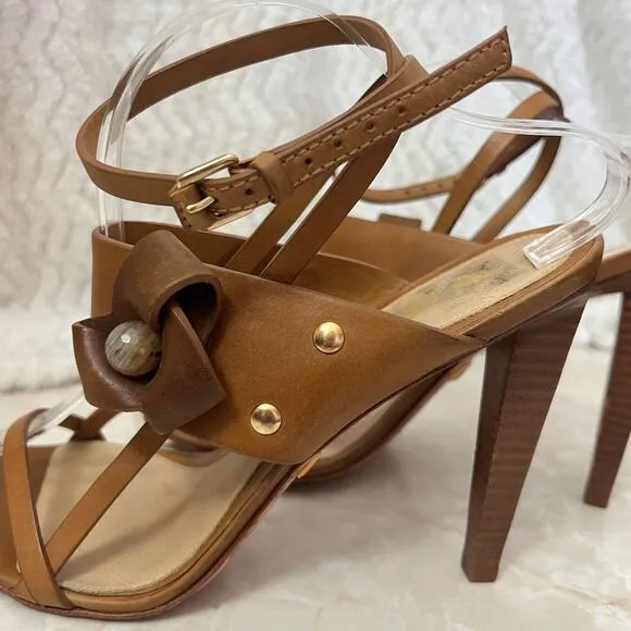 L.A.M.B Brown Tan Leather Flower Ankle Wrap Stiletto Heeled Sandal Womens 9.5 US