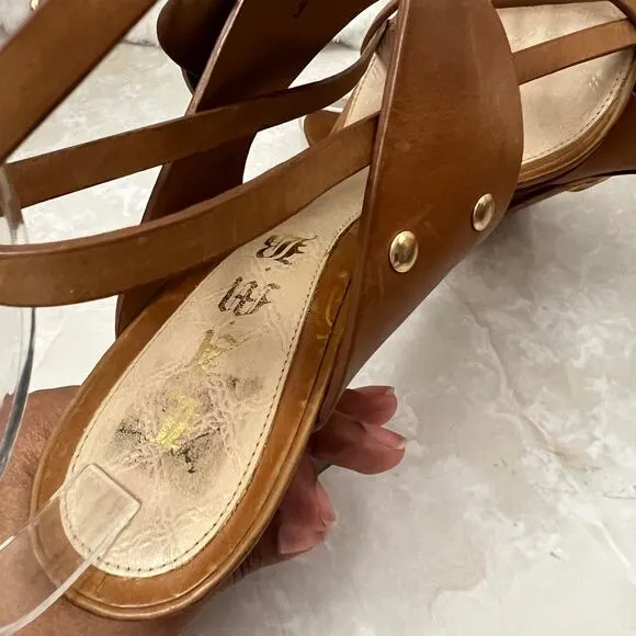 L.A.M.B Brown Tan Leather Flower Ankle Wrap Stiletto Heeled Sandal Womens 9.5 US