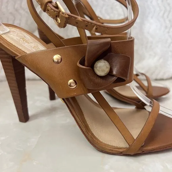 L.A.M.B Brown Tan Leather Flower Ankle Wrap Stiletto Heeled Sandal Womens 9.5 US