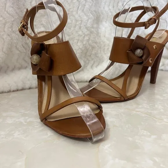 L.A.M.B Brown Tan Leather Flower Ankle Wrap Stiletto Heeled Sandal Womens 9.5 US