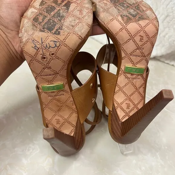 L.A.M.B Brown Tan Leather Flower Ankle Wrap Stiletto Heeled Sandal Womens 9.5 US