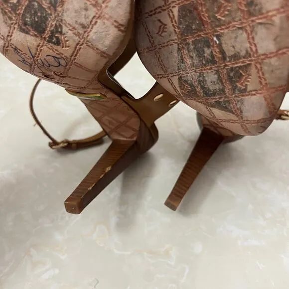 L.A.M.B Brown Tan Leather Flower Ankle Wrap Stiletto Heeled Sandal Womens 9.5 US