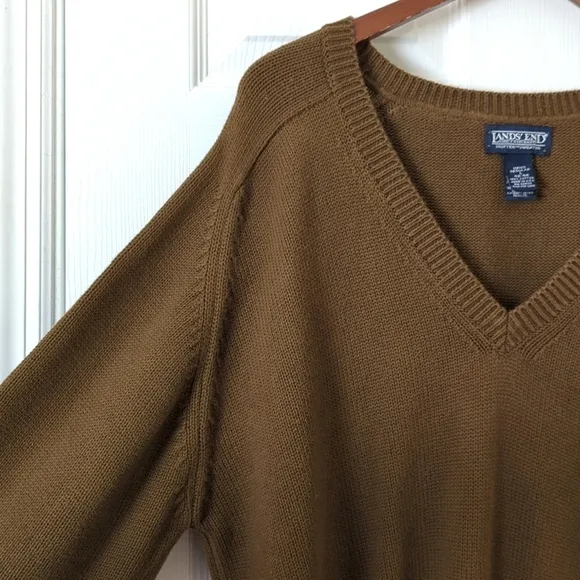 Lands' End 80's Vintage Classic Cotton Knit V-neck Sweater Olive Green Large