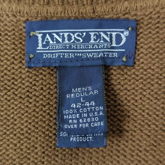 Lands' End 80's Vintage Classic Cotton Knit V-neck Sweater Olive Green Large