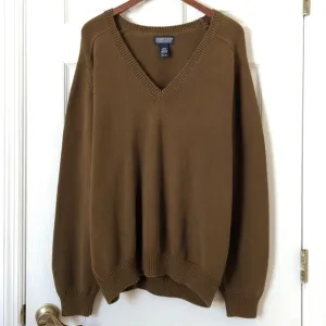 Lands' End 80's Vintage Classic Cotton Knit V-neck Sweater Olive Green Large