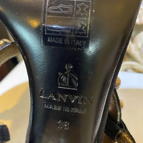 Lanvin black suede saddles golden heel 38