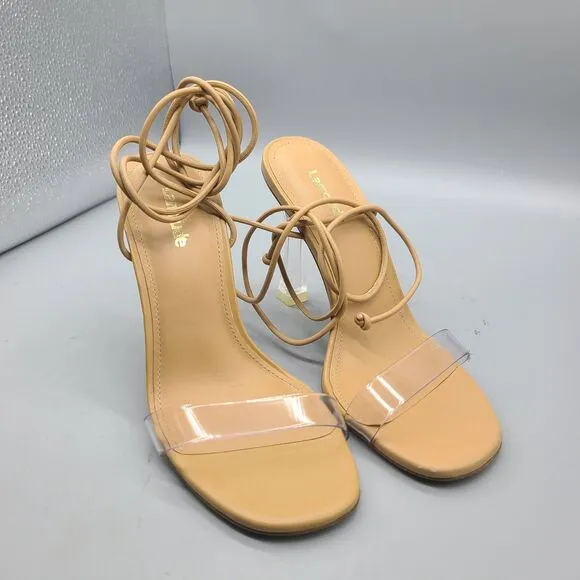 LARROUDE Womens sandals Ankle Wrap Tie Gloria clear Heel tan leather sz 5.5 new