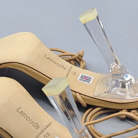 LARROUDE Womens sandals Ankle Wrap Tie Gloria clear Heel tan leather sz 5.5 new