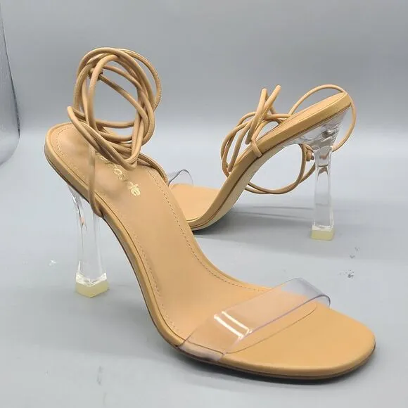LARROUDE Womens sandals Ankle Wrap Tie Gloria clear Heel tan leather sz 5.5 new