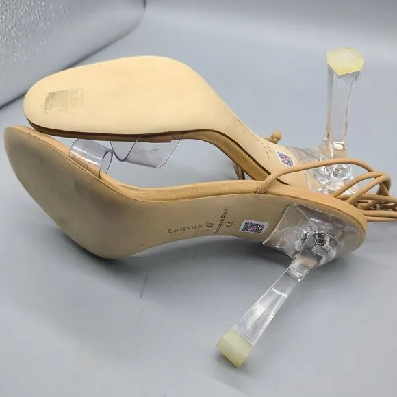 LARROUDE Womens sandals Ankle Wrap Tie Gloria clear Heel tan leather sz 5.5 new