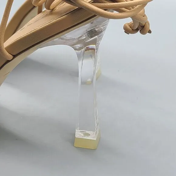 LARROUDE Womens sandals Ankle Wrap Tie Gloria clear Heel tan leather sz 5.5 new