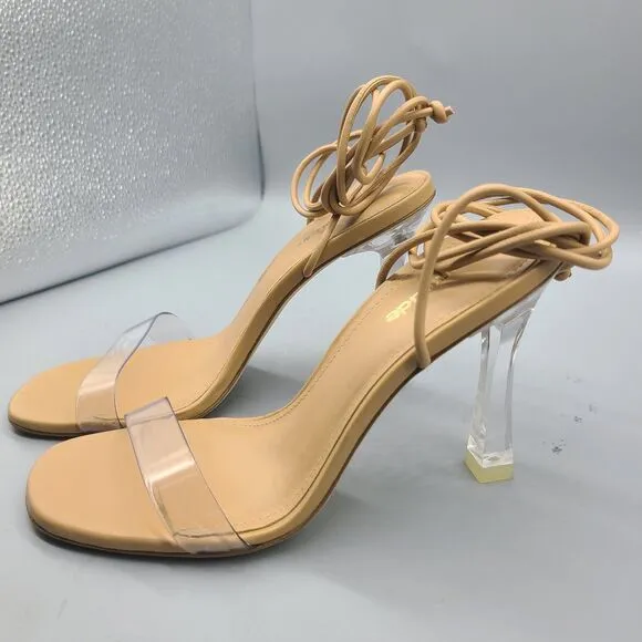 LARROUDE Womens sandals Ankle Wrap Tie Gloria clear Heel tan leather sz 5.5 new