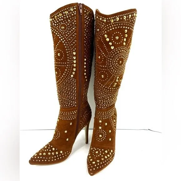 Lauren Lorraine suede Gold studded Knee High boots Sz 8.5