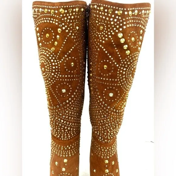 Lauren Lorraine suede Gold studded Knee High boots Sz 8.5