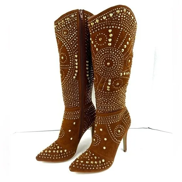 Lauren Lorraine suede Gold studded Knee High boots Sz 8.5