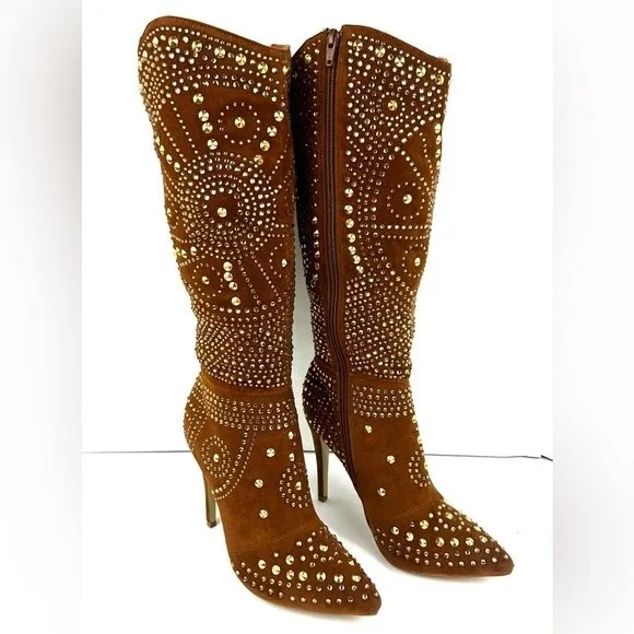 Lauren Lorraine suede Gold studded Knee High boots Sz 8.5