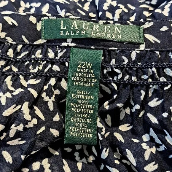 Lauren Ralph Lauren Women’s Dress Sz 22W Blouson Style Navy White Sheer Print