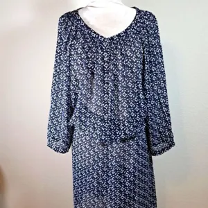 Lauren Ralph Lauren Women’s Dress Sz 22W Blouson Style Navy White Sheer Print