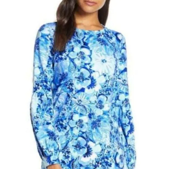 Lilly Pulitzer Bartlett Sweatshirt Dress Coastal Blue Catch Knee White Pink S