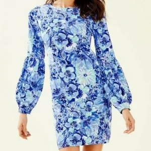 Lilly Pulitzer Bartlett Sweatshirt Dress Coastal Blue Catch Knee White Pink S