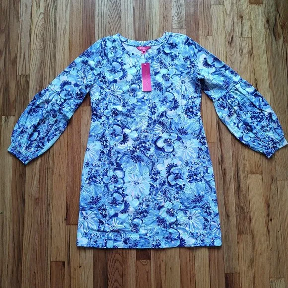 Lilly Pulitzer Bartlett Sweatshirt Dress Coastal Blue Catch Knee White Pink S
