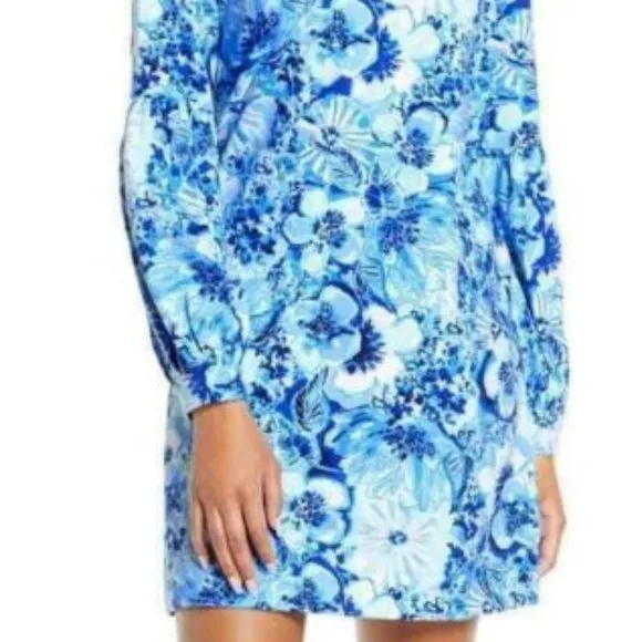 Lilly Pulitzer Bartlett Sweatshirt Dress Coastal Blue Catch Knee White Pink S