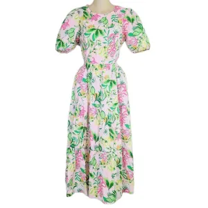 Lilly Pulitzer Lyssa Midi Dress Puff Sleeve Floral Pink Green Tiered Cutout 4