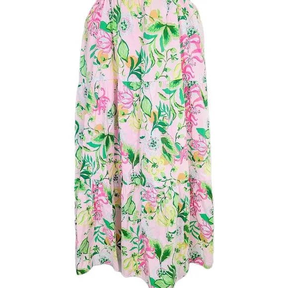 Lilly Pulitzer Lyssa Midi Dress Puff Sleeve Floral Pink Green Tiered Cutout 4