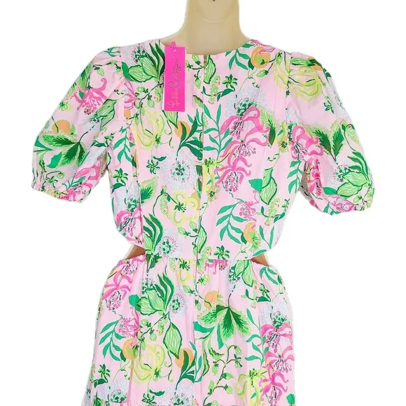 Lilly Pulitzer Lyssa Midi Dress Puff Sleeve Floral Pink Green Tiered Cutout 4