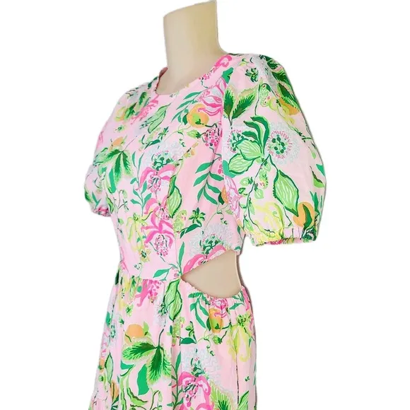 Lilly Pulitzer Lyssa Midi Dress Puff Sleeve Floral Pink Green Tiered Cutout 4