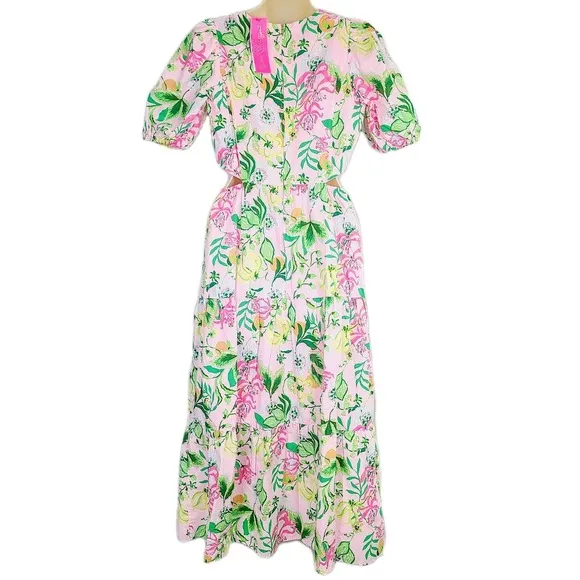 Lilly Pulitzer Lyssa Midi Dress Puff Sleeve Floral Pink Green Tiered Cutout 4