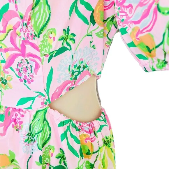 Lilly Pulitzer Lyssa Midi Dress Puff Sleeve Floral Pink Green Tiered Cutout 4
