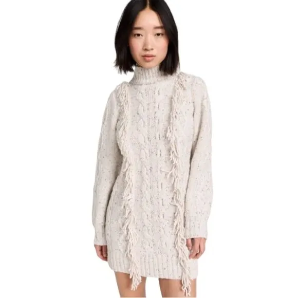 Line &amp;‎ Dot Daria Fringe Trim Mini Sweater Dress, Size Large in Ivory