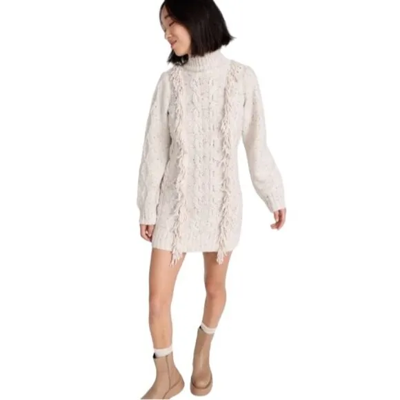 Line &amp;‎ Dot Daria Fringe Trim Mini Sweater Dress, Size Large in Ivory