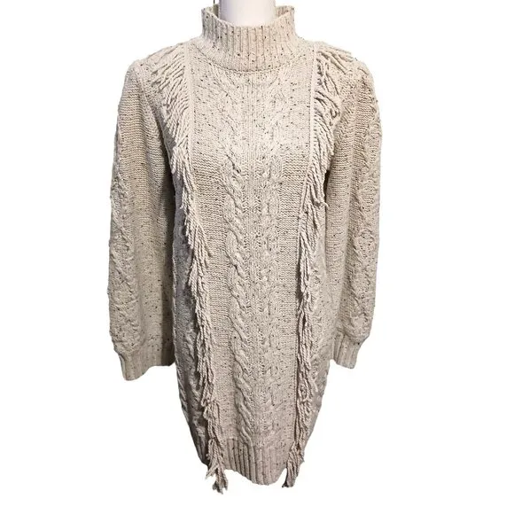 Line &amp;‎ Dot Daria Fringe Trim Mini Sweater Dress, Size Large in Ivory