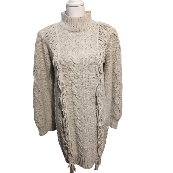 Line &amp;‎ Dot Daria Fringe Trim Mini Sweater Dress, Size Large in Ivory