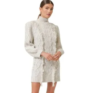 Line &amp;‎ Dot Daria Fringe Trim Mini Sweater Dress, Size Large in Ivory