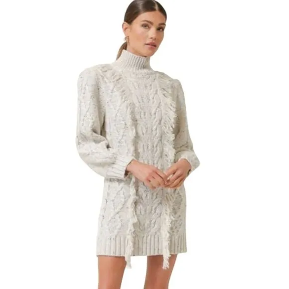 Line &amp;‎ Dot Daria Fringe Trim Mini Sweater Dress, Size Large in Ivory