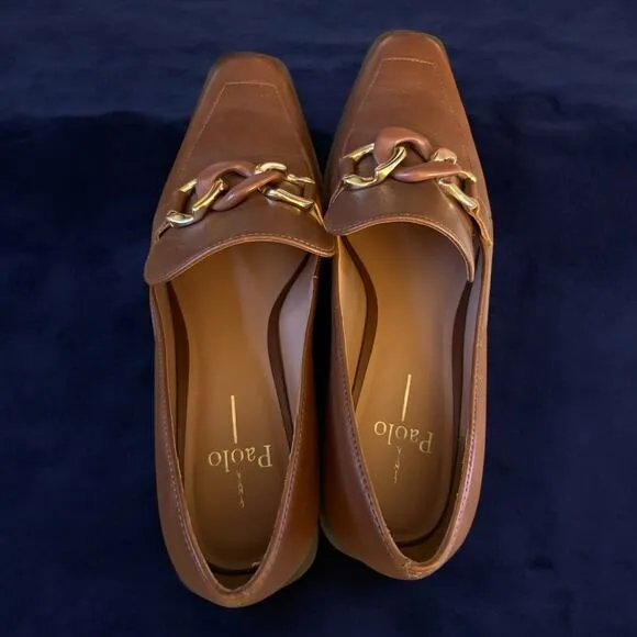 LINEA Paolo CHRYSTIE Chain Keeper Loafers in Cognac Leather Size 9