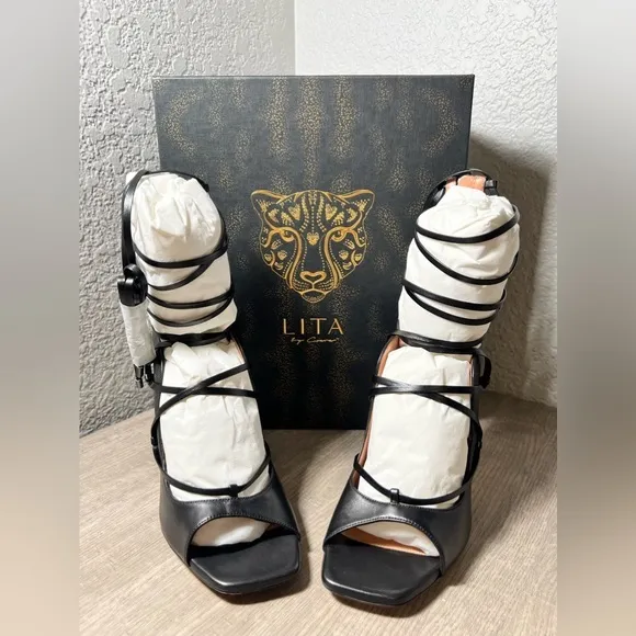 Lita by Ciara leather Strappy Heeled‎ sandals stilleto lace up 4”heels black