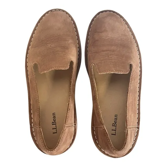 LL Bean Womens Tan Brown Stonington Nubuck Leather Slip-on Loafer Flats Size 7 M