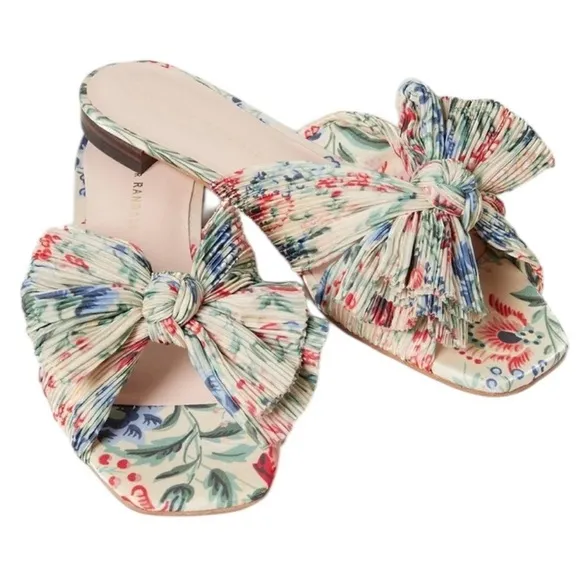 Loeffler Randall Daphne Pleated Bow Slides Sandals in Tan Vine Floral Size 7.5B