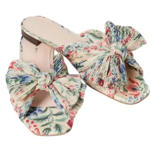 Loeffler Randall Daphne Pleated Bow Slides Sandals in Tan Vine Floral Size 7.5B