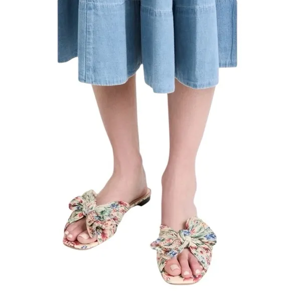 Loeffler Randall Daphne Pleated Bow Slides Sandals in Tan Vine Floral Size 7.5B