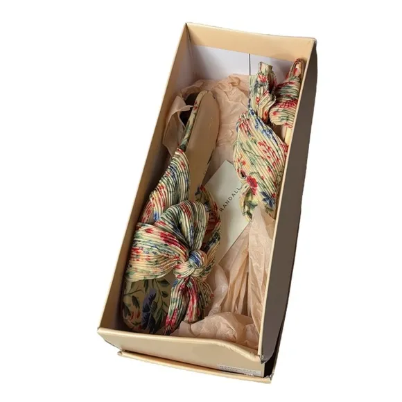 Loeffler Randall Daphne Pleated Bow Slides Sandals in Tan Vine Floral Size 7.5B