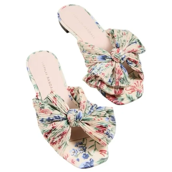 Loeffler Randall Daphne Pleated Bow Slides Sandals in Tan Vine Floral Size 7.5B