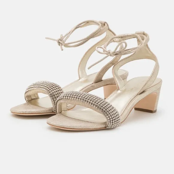 Loeffler Randall Jackie Metallic Crystal Mid Heel Ankle Wrap Sandals sz 7.5 New
