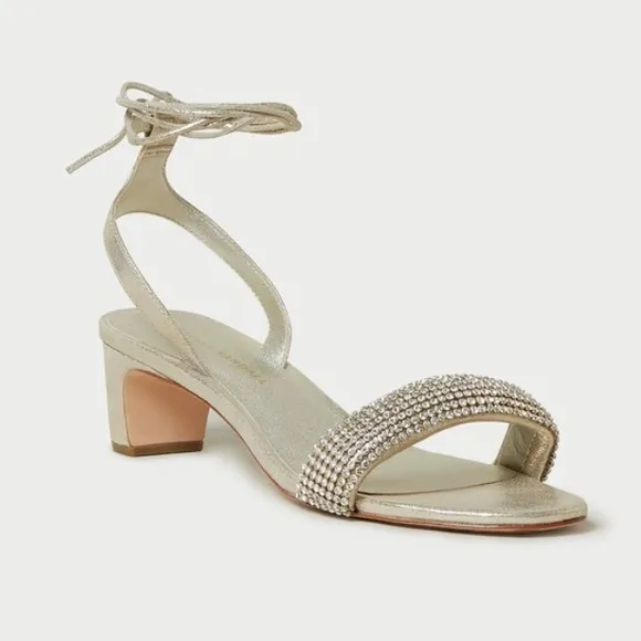 Loeffler Randall Jackie Metallic Crystal Mid Heel Ankle Wrap Sandals sz 7.5 New