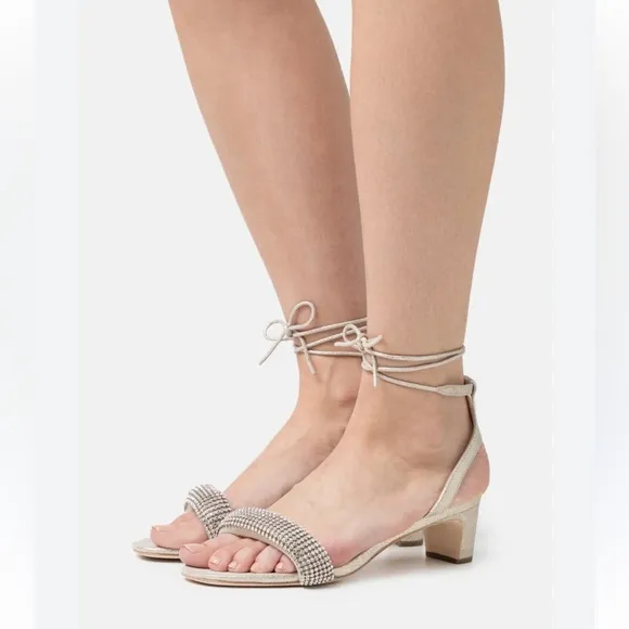 Loeffler Randall Jackie Metallic Crystal Mid Heel Ankle Wrap Sandals sz 7.5 New