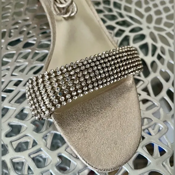 Loeffler Randall Jackie Metallic Crystal Mid Heel Ankle Wrap Sandals sz 7.5 New